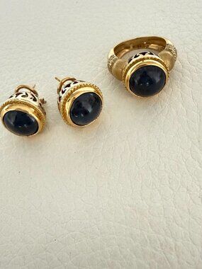 FINE ITALIAN 18K GOLD & LAPIS LAZULI BYZANTINE RING EARRINGS SET BIKO & CO.
